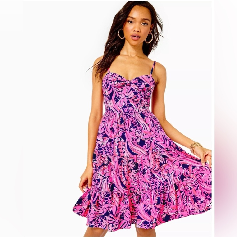 Lilly Pulitzer Sz 0 Adalia Knee Length‎ Cot Tiered Lined Cocktail Colorful Dress